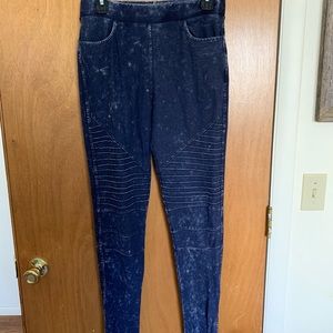 Distressed blue moto jeggings